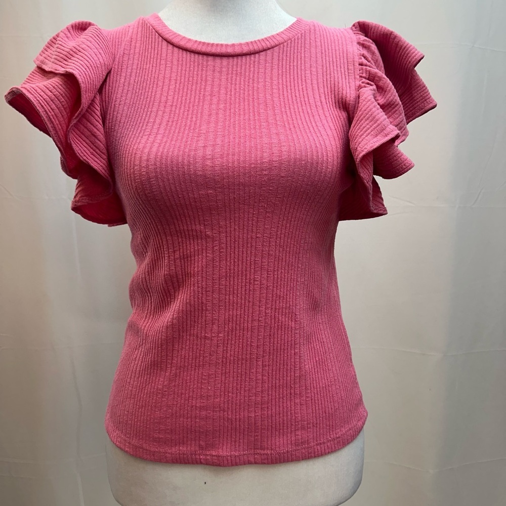 Zara Pink Ribbed Short Sleeve Ruffle Top - Picture 1 of 6